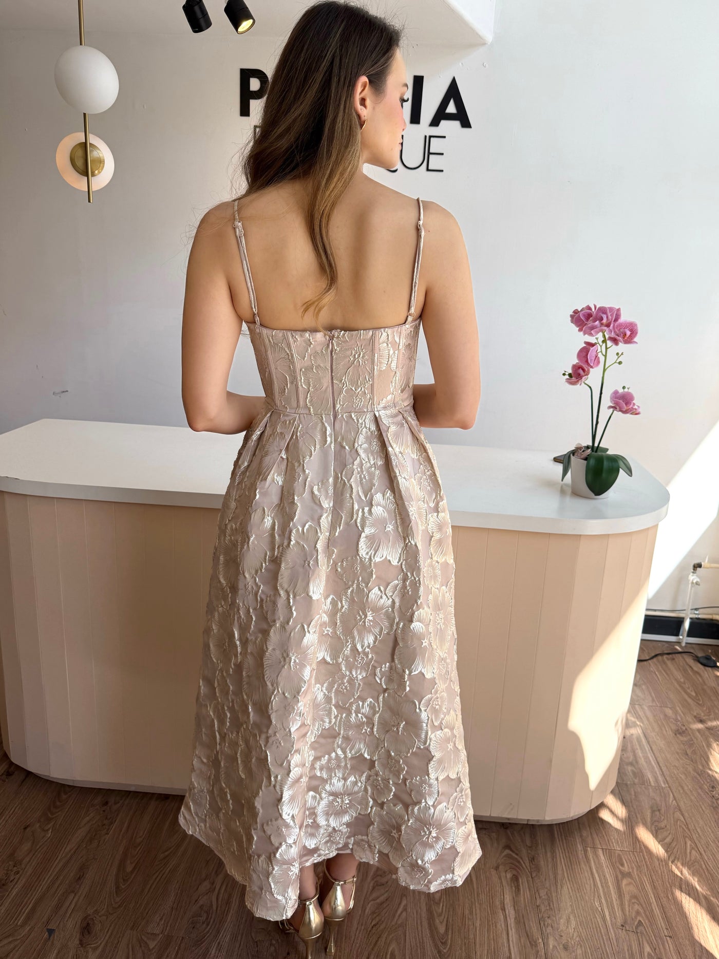 Vestido corset brocado champagne