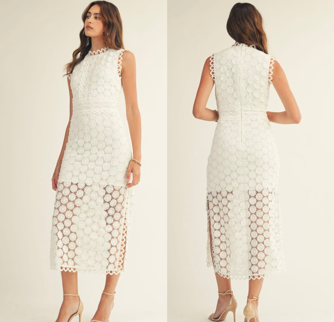Vestido calado blanco cuello recto